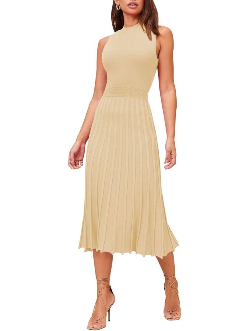 Elegant Pink Sleeveless Pleated A-Line Midi Sweater Dress for Women